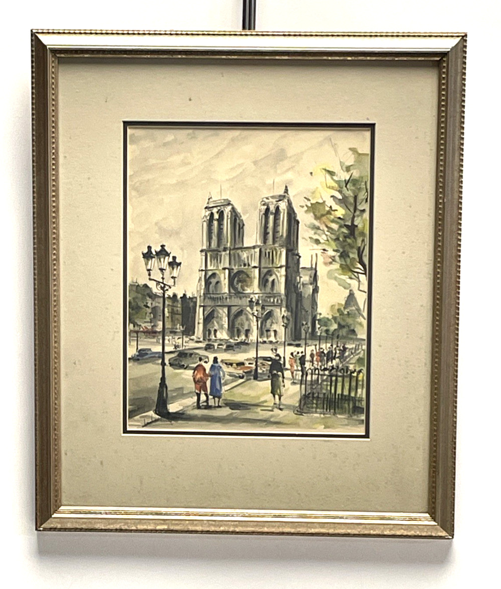 Vintage G.Lelong Watercolor Painting Notre Dame Cathedral Paris Street Scene